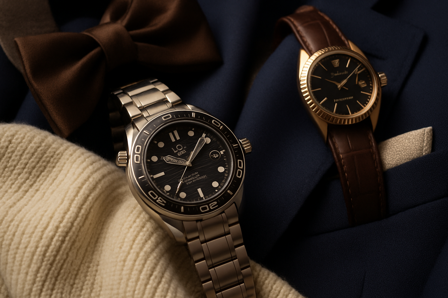 Luxury watches and garments displayed elegantly