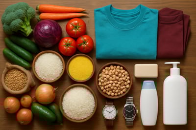 Wide variety of global products including vegetables, grains, garments, watches, and hygiene products